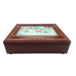 Sankyo Butterfly Wooden Music Trinket Jewelry Keepsake Box Plays "Edelweiss"